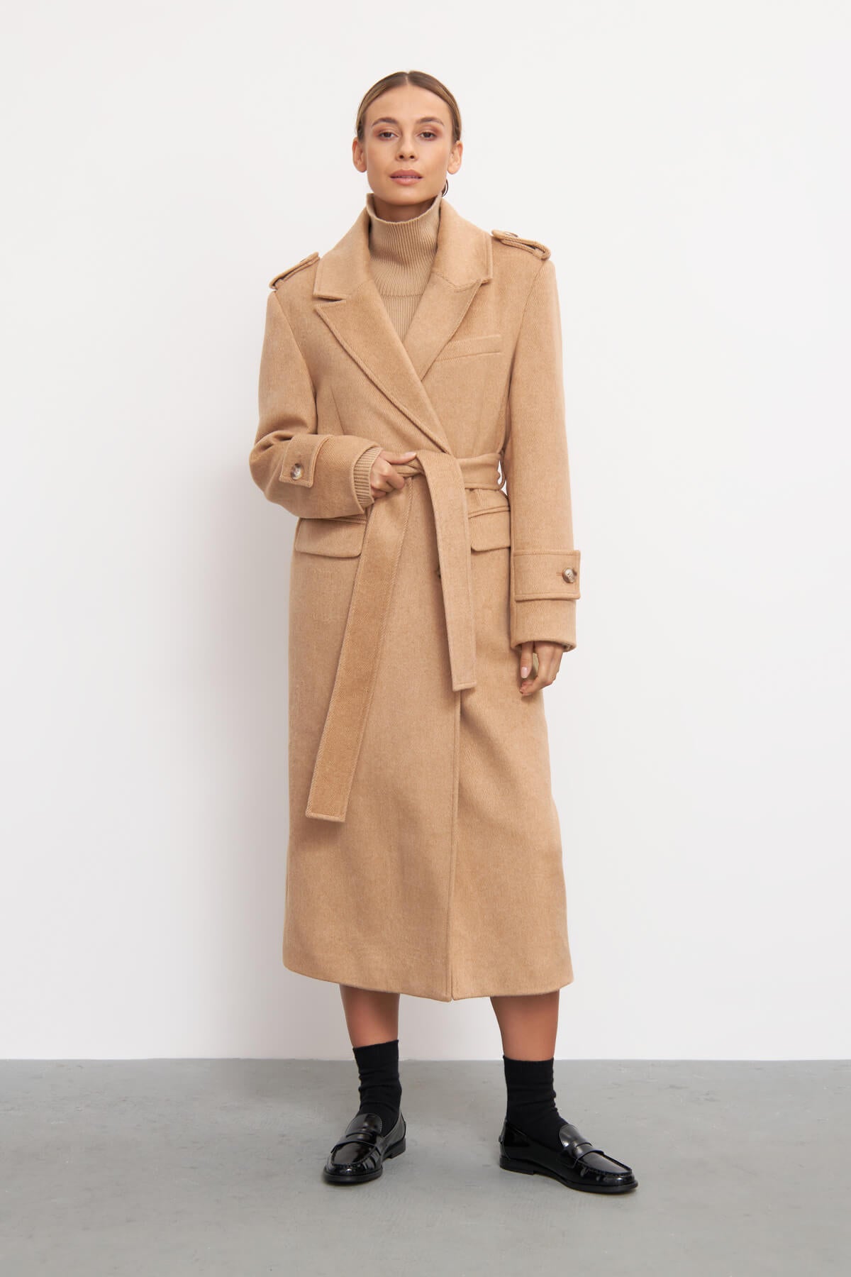 Double breasted camel wool coat best sale